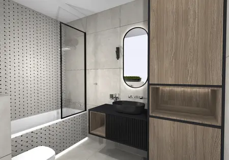Nowoczesna łazienka z szarymi płytkami, drewnianymi meblami i minimalistycznym designem.