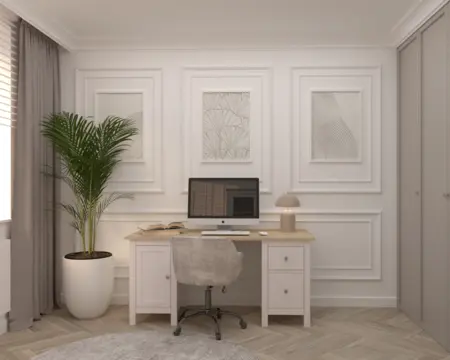 Nowoczesny gabinet w stylu quiet luxury z białym biurkiem, rośliną i eleganckimi detalami.