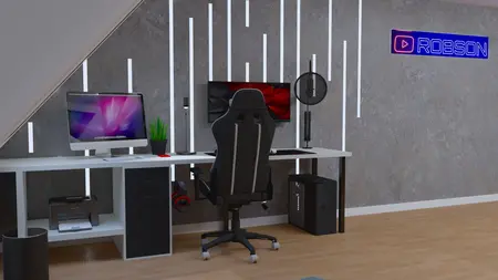 Gabinet w stylu soft minimalizm z biurkiem i nowoczesnym komputerem.