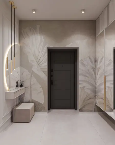 Minimaluxe przedpokój z nowoczesnym lustrem, soft minimalizm i quiet luxury