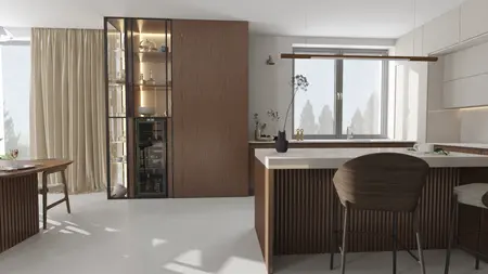 Wnętrze kuchni w stylu eklektycznym z drewnianymi meblami i minimalistycznymi detalami.