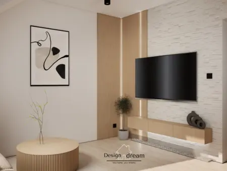 Wnętrze salonu w stylu japandi i skandynawskim z telewizorem.