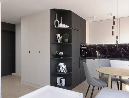 Nowoczesna kuchnia z szarymi meblami i czarnym blatem, minimalistyczny design.