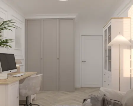 Nowoczesny gabinet w stylu quiet luxury z białymi meblami i szarymi detalami.