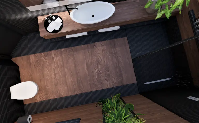 Nowoczesna łazienka z minimalistycznym designem, drewnianą podłogą i roślinnością.