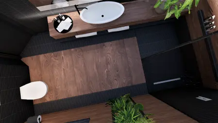 Nowoczesna łazienka z minimalistycznym designem, drewnianą podłogą i roślinnością.