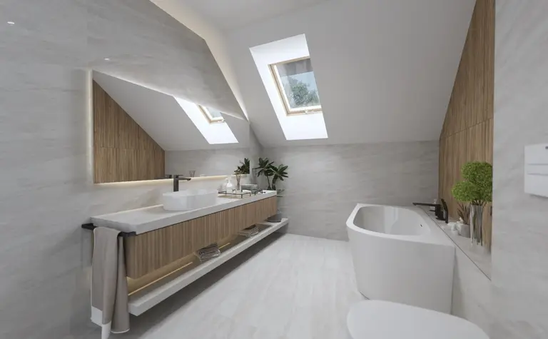 Nowoczesna łazienka w stylu boho i minimalistycznym z wanną i drewnianymi detalami.