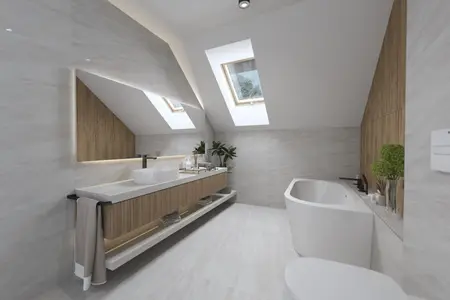 Nowoczesna łazienka w stylu boho i minimalistycznym z wanną i drewnianymi detalami.