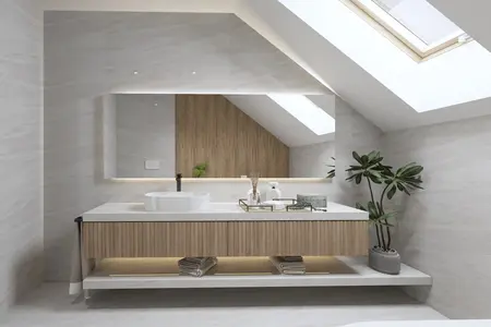 Wnętrze łazienki w stylu boho, minimalistycznym i nowoczesnym z drewnianymi akcentami.