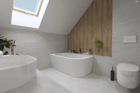 Nowoczesna łazienka w stylu boho z białą wanną i drewnianymi detalami.