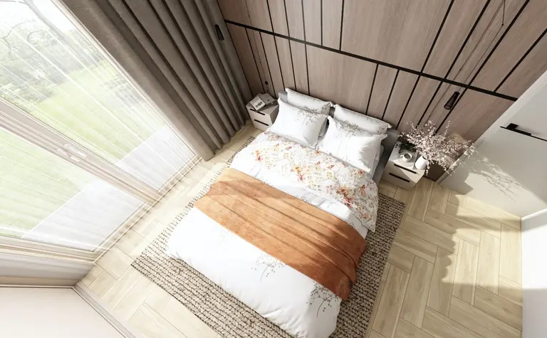Sypialnia z drewnianą ścianą, łóżkiem i roślinami w stylu minimaluxe