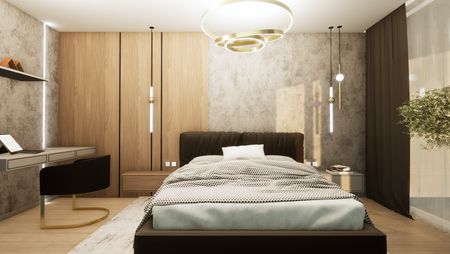 Sypialnia z drewnianymi elementami, minimalistyczny i nowoczesny design, glamour detale.