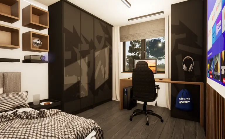 Wnętrze pokoju z biurkiem, czarnymi meblami i minimalistycznymi detalami w stylu skandynawskim.