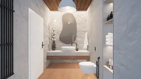 Wnętrze łazienki w stylu japandi z białą umywalką, drewnianymi detalami i nowoczesnym oświetleniem.