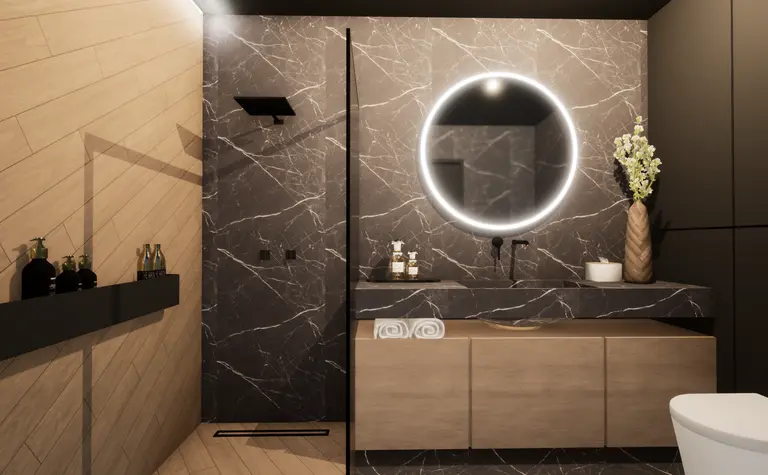 Nowoczesna łazienka z glamour i minimalistycznym designem. Czarne i drewniane akcenty.