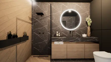 Nowoczesna łazienka z glamour i minimalistycznym designem. Czarne i drewniane akcenty.