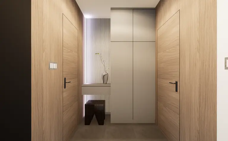 Przedpokój z elementami glamour, minimalistycznymi i nowoczesnymi. Drewniane akcenty.