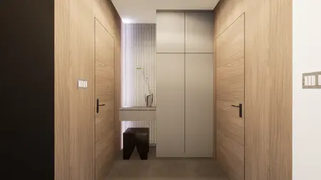 Przedpokój z elementami glamour, minimalistycznymi i nowoczesnymi. Drewniane akcenty.