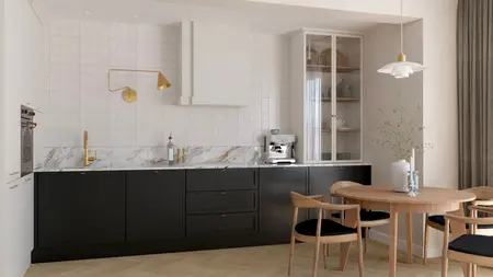 Wnętrze kuchni w stylu art deco, minimalistycznym i tradycyjnym z czarnymi meblami.