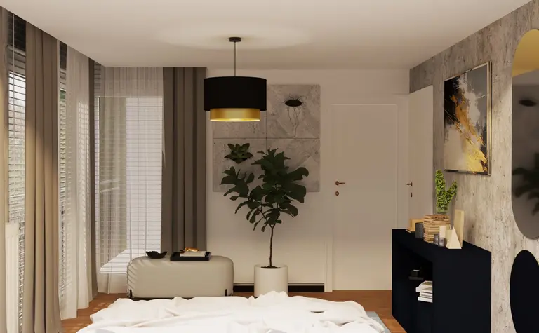 Salon w stylu soft minimalizm z nowoczesnym oświetleniem i roślinami.