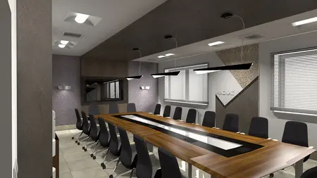 Wnętrze sali konferencyjnej z drewnianym stołem i nowoczesnymi krzesłami. Styl współczesny.