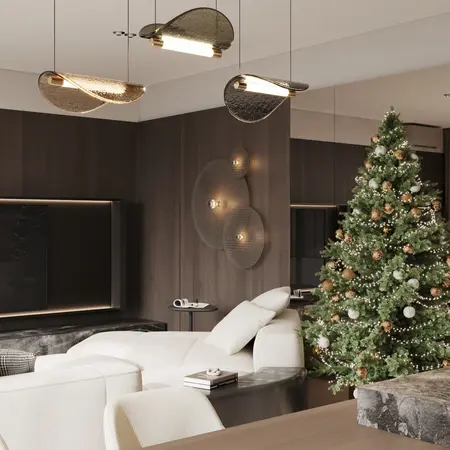 Wnętrze salonu w stylu art deco i glamour z białą kanapą, choinką i nowoczesnym oświetleniem.