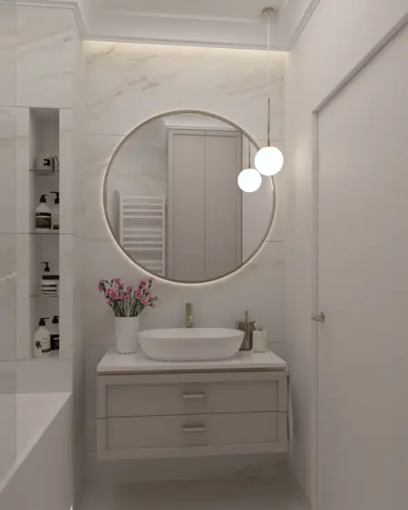 Nowoczesna łazienka z białą umywalką i dekoracjami w stylu quiet luxury.