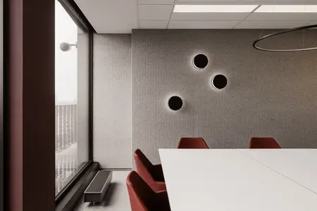 Wnętrze biura z minimalistycznym designem, nowoczesne akcenty, soft minimalizm, tradycyjne elementy.