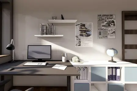 Wnętrze gabinetu w stylu minimalistycznym i nowoczesnym z biurkiem, półkami i lampą.