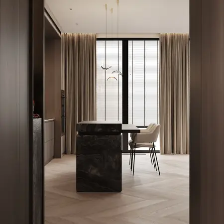 Wnętrze kuchni z blatem kamiennym, minimalistycznymi meblami i jasnymi zasłonami, styl art deco.