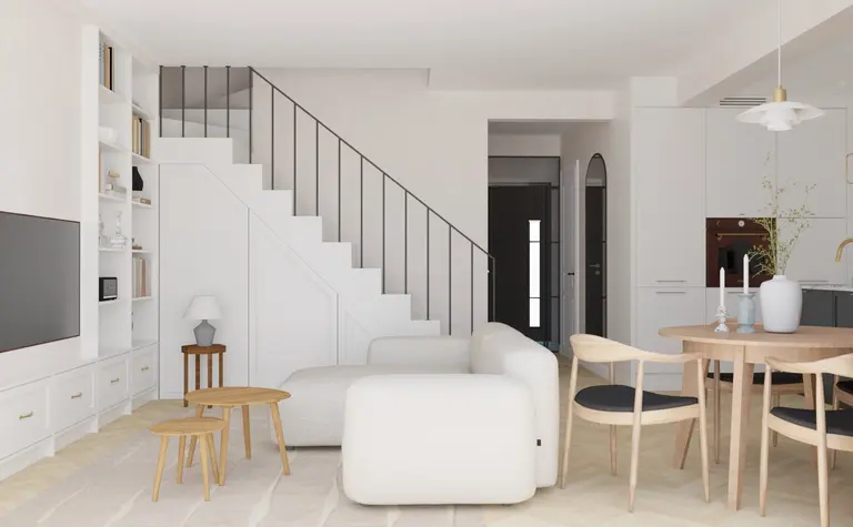 Salon w stylu art deco, minimalistycznym i tradycyjnym z białą sofą i drewnianym stołem.