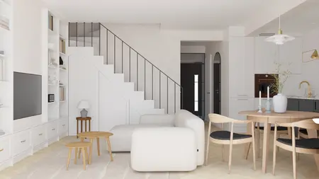 Salon w stylu art deco, minimalistycznym i tradycyjnym z białą sofą i drewnianym stołem.