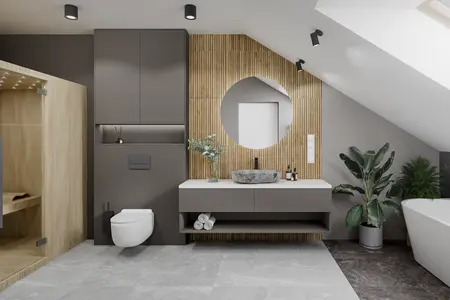 Nowoczesna łazienka z minimalistycznym designem, drewnianymi elementami i roślinami.