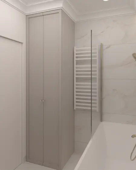 Nowoczesna łazienka w stylu quiet luxury z szarymi meblami i białymi płytkami.