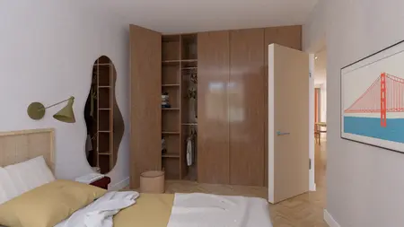 Wnętrze sypialni z drewnianą szafą, lustrem i jasnymi akcentami, styl dopamine decor, eklektyczny, współczesny.