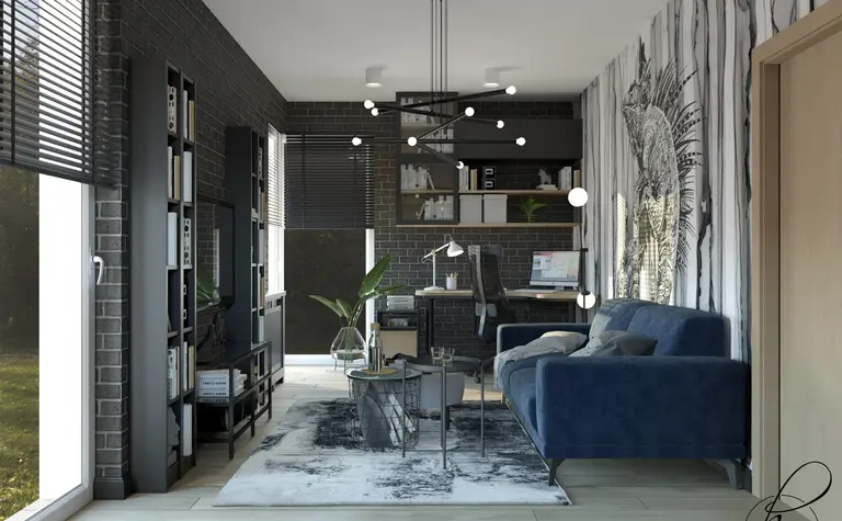 Wnętrze salonu w stylu rustykalnym z niebieską kanapą i szarymi detalami.