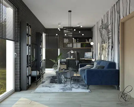 Wnętrze salonu w stylu rustykalnym z niebieską kanapą i szarymi detalami.