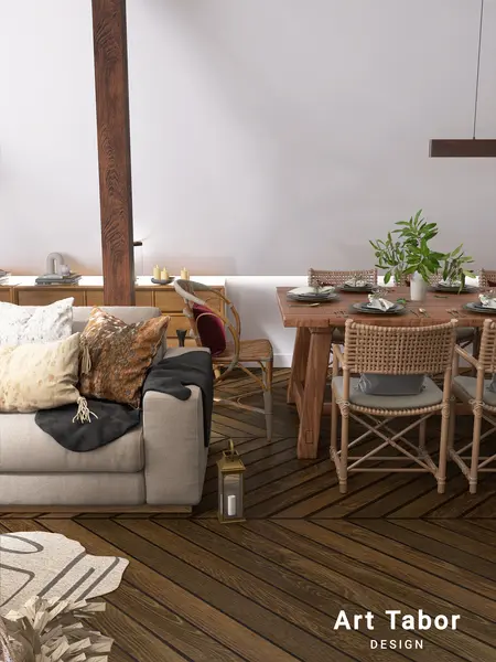 Wnętrze salonu w stylu industrialnym i nowoczesnym z drewnianą podłogą i rośliną.