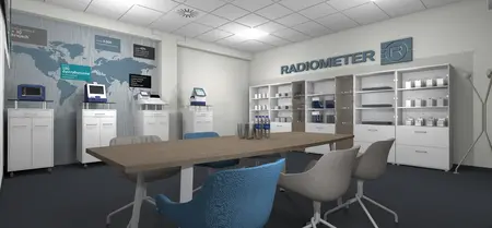 Biuro z industrialnym i minimalistycznym wystrojem, białe meble i nowoczesne urządzenia.