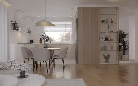 Wnętrze kuchni z drewnianym blatem, szarymi krzesłami i roślinami, styl quiet luxury.