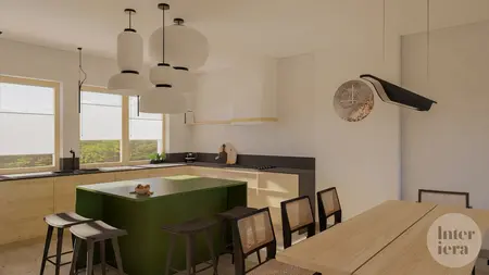 Kuchnia w stylu japandi i minimalistycznym z zieloną wyspą i drewnianymi meblami.