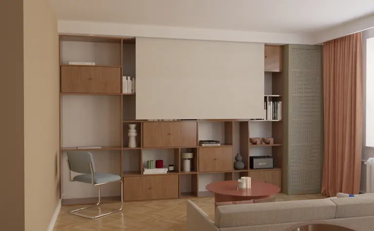 Wnętrze z eklektycznym designem, dopamine decor i współczesnymi elementami.