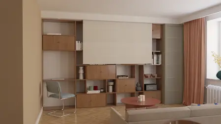 Wnętrze z eklektycznym designem, dopamine decor i współczesnymi elementami.