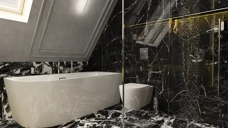 Nowoczesna łazienka z czarnym marmurem, wanną i prysznicem w stylu dopamine decor i eklektycznym.