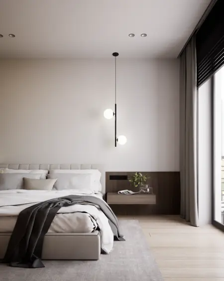 Wnętrze sypialni z minimalistycznym designem, nowoczesnymi akcentami i prowansalskimi detalami.