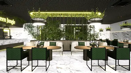 Wnętrze restauracji z zielonymi roślinami i marmurowymi meblami, styl nowoczesny.