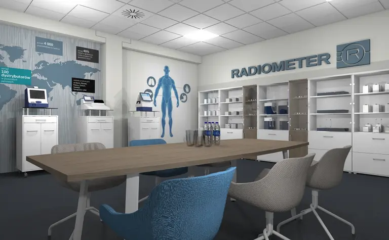 Wnętrze biura z białymi meblami, niebieskimi akcentami, w stylu industrialnym i minimalistycznym.