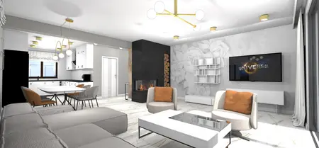Nowoczesny salon z białymi meblami, czarnym kominkiem i elementami art deco