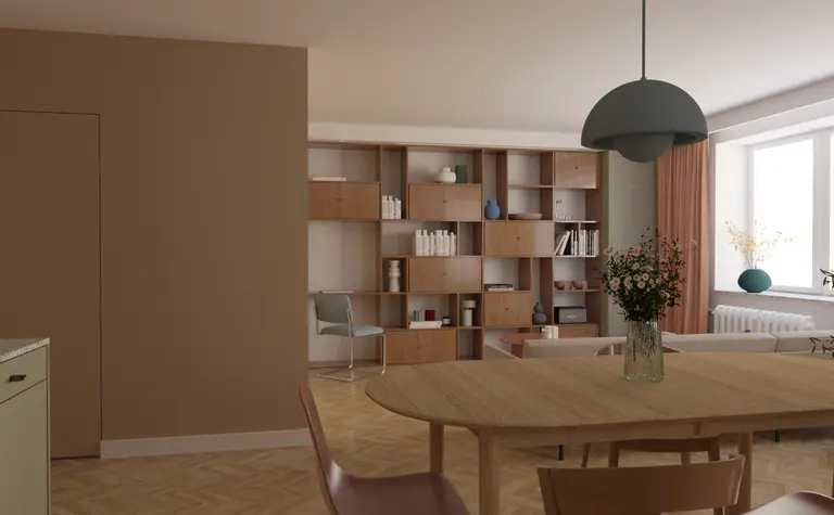 Wnętrze salonu w stylu dopamine decor z eklektycznymi akcentami.