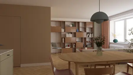 Wnętrze salonu w stylu dopamine decor z eklektycznymi akcentami.